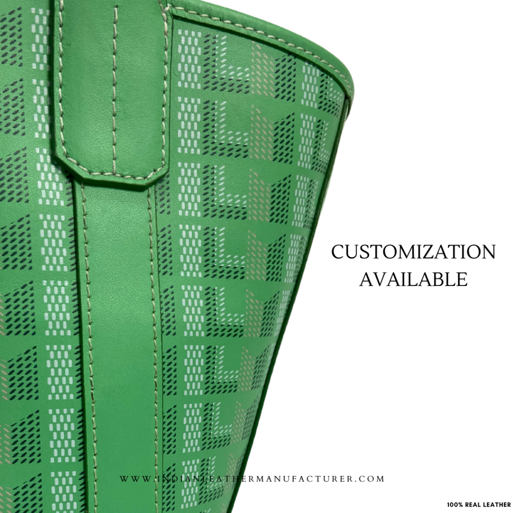 Close-up of stitching detail on handmade leather bucket bag