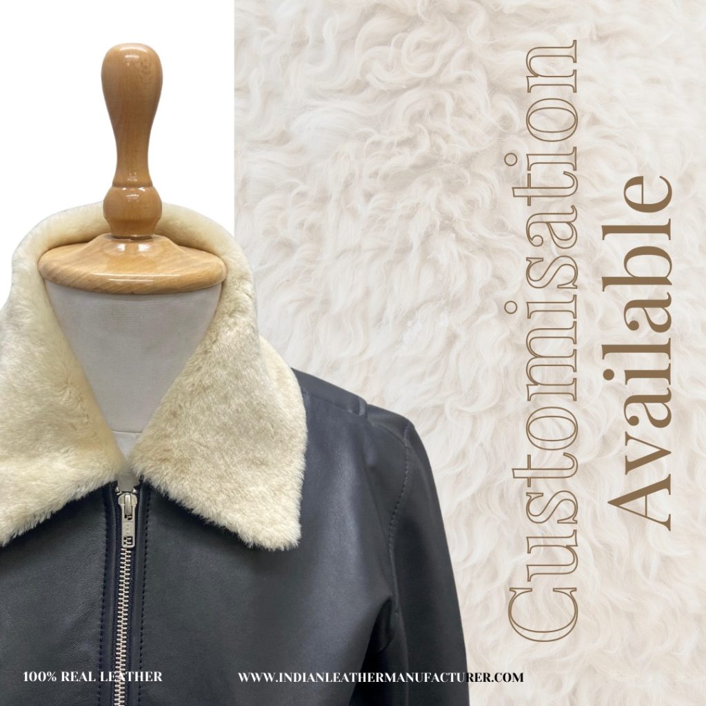 Detailed view of fur hood and premium stitching on a bespoke leather jacket