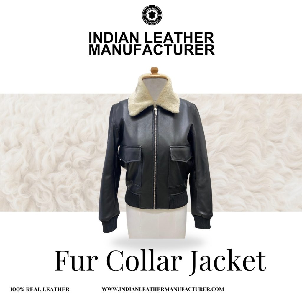 dummy wearing a black leather jacket with real fur collar