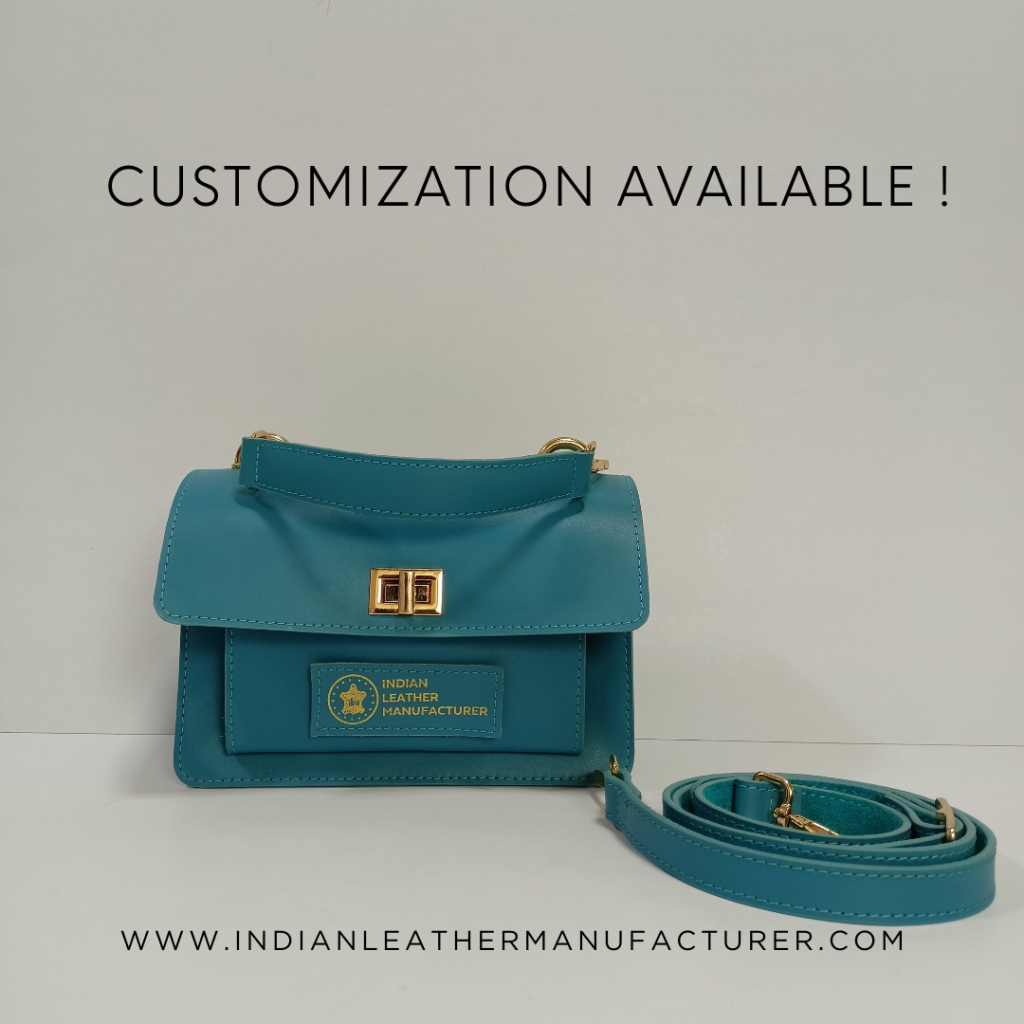 teal leather sling bag with customisation