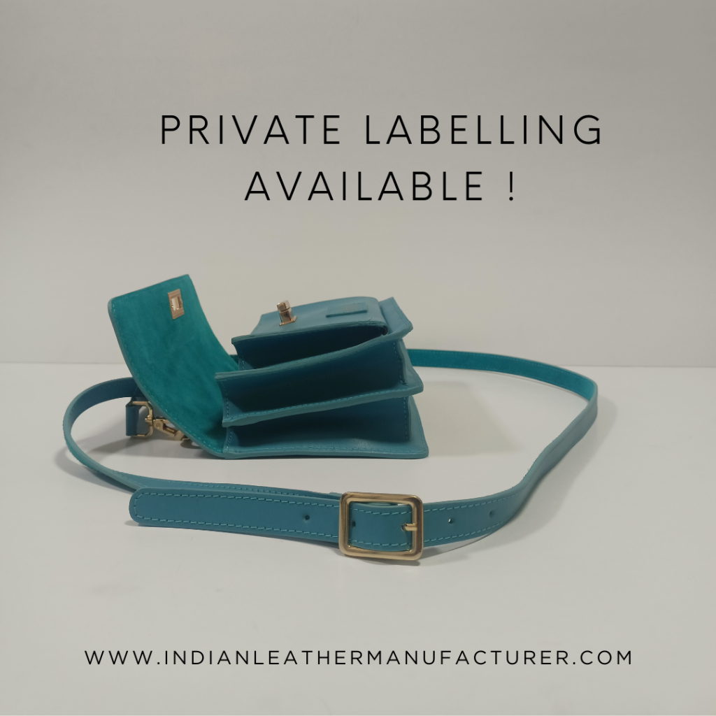 teal leather sling bag with private label options